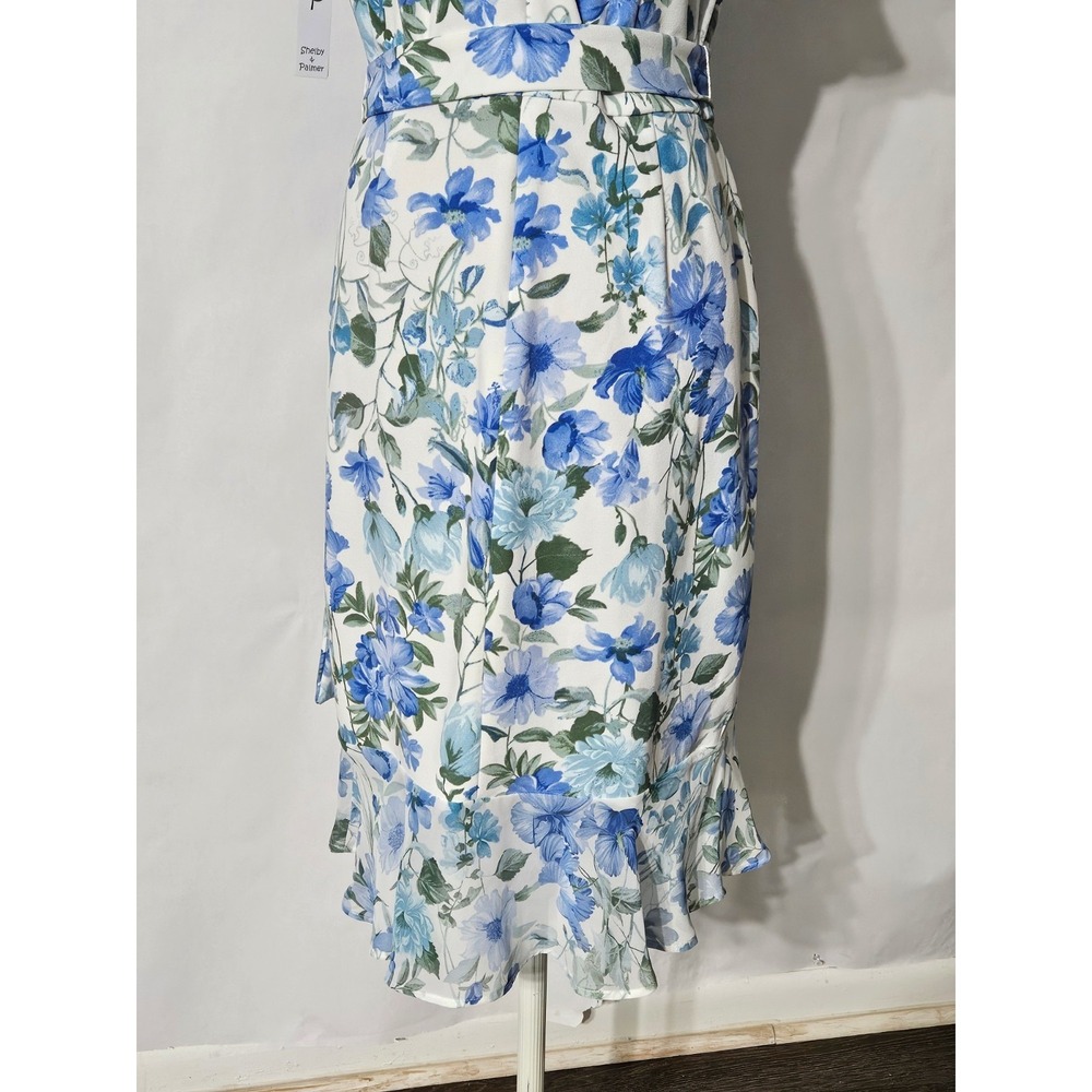 Shelby & Palmer Blue Floral Faux Wrap Ruffle Belted Sheath Dress - Picture 7 of 12